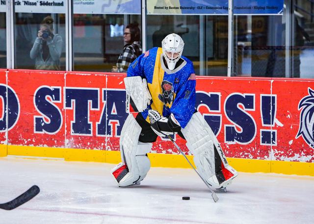 The Sweden goaltender set in his crease, ready for a shot