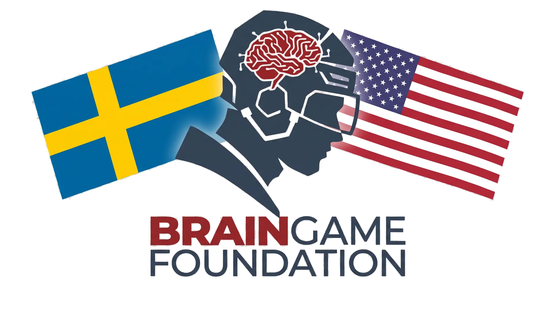 Brain Game Foundation logo with the Swedish and United States flags behind a hockey helmet silhouette.