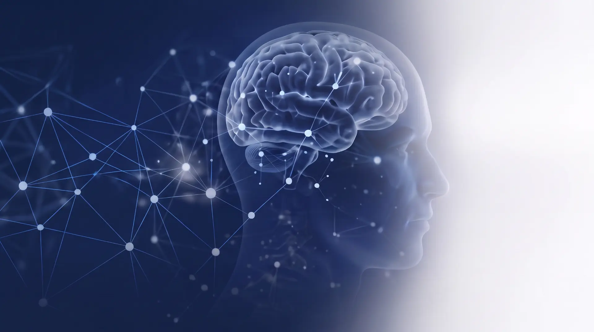 A side profile of a human head with a luminous brain and neural network connections