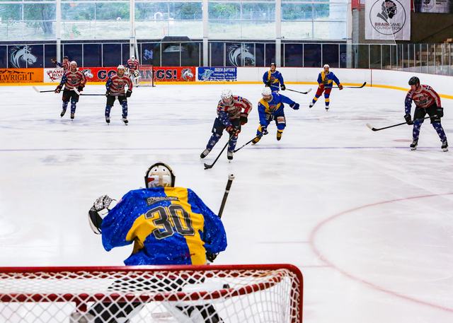 A Sweden goaltender tracks the puck as play develops in the offensive zone