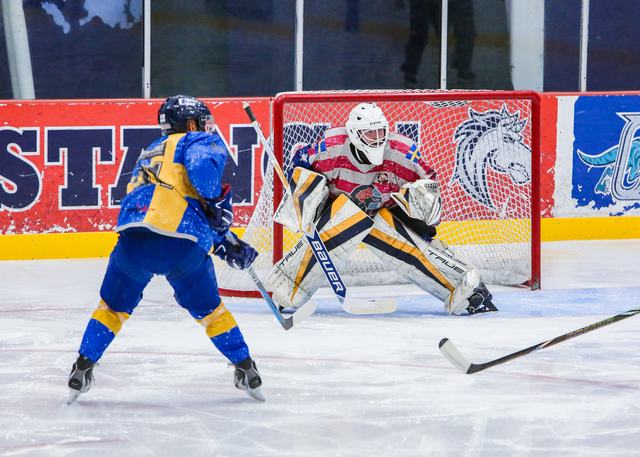 A Sweden forward walks the puck across the crease against the goaltender