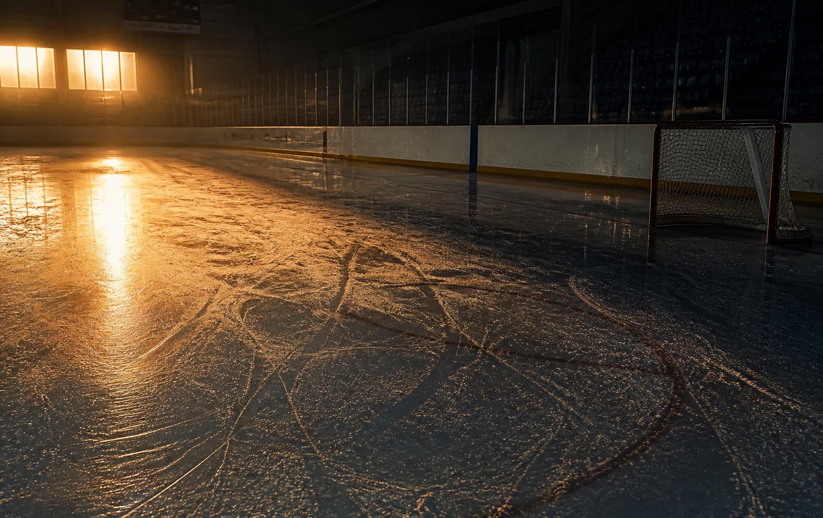Empty ice rink lit by low morning sun